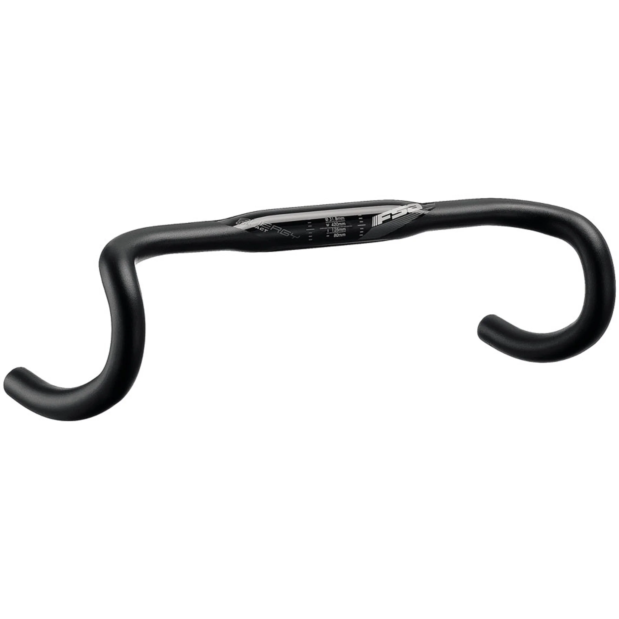 FSA Energy Super Compact Handlebar, 31.8mm Clamp Diameter, 380mm Width, Compact Drop Profile – Black