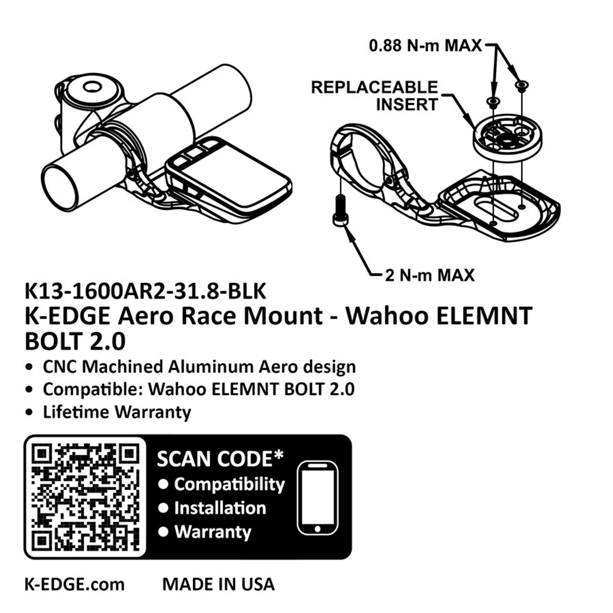 Wahoo Bolt 2.0 Computer Mount - Aero Race, 31.8mm, Black - Image 3